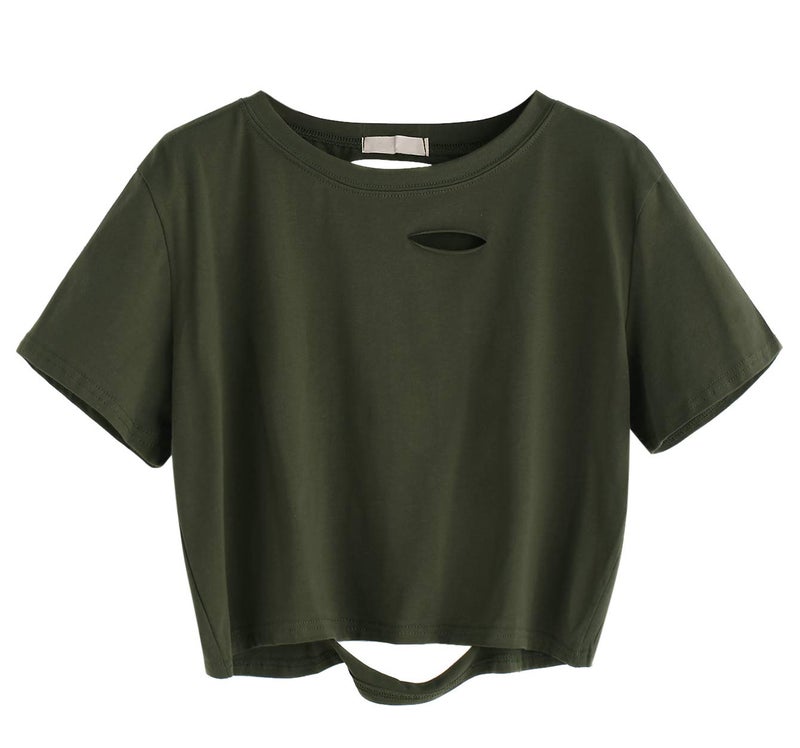 SweatyRocks Women's Summer Short Sleeve Tee Distressed Ripped Crop T-shirt Tops Green XL - Image 1